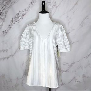 NWT Hinge Cream Black Silver Striped Button Down V-Neck Blouse Small